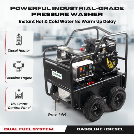 Sanitmax SM4000 Hot & Cold Water Gas Pressure Washer, 4,000 PSI, 4.0 GPM, Diesel Heated, Professional Contractor System