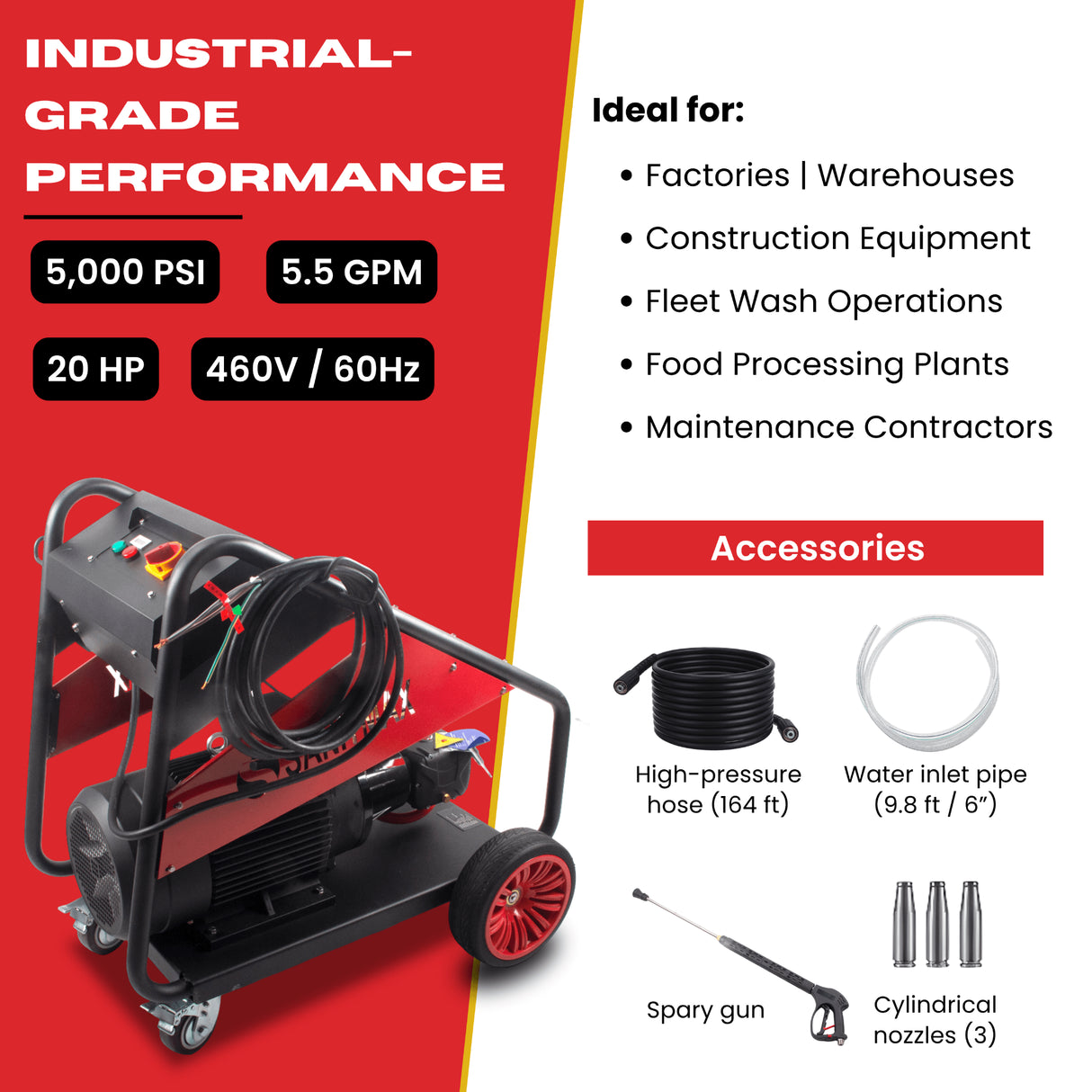 Sanitmax SM5000 Industrial Electric Pressure Washer, 5000 PSI, 5.5 GPM, 20 HP, 460V 3-Phase Cold Water System