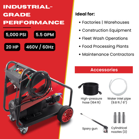 Sanitmax SM5000 Industrial Electric Pressure Washer, 5000 PSI, 5.5 GPM, 20 HP, 460V 3-Phase Cold Water System