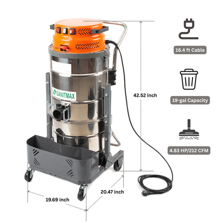Sanitmax SM73 Industrial Wet-Dry Vacuum Cleaner, 3600W Triple Motor, 19-Gal Capacity, HEPA Filtration