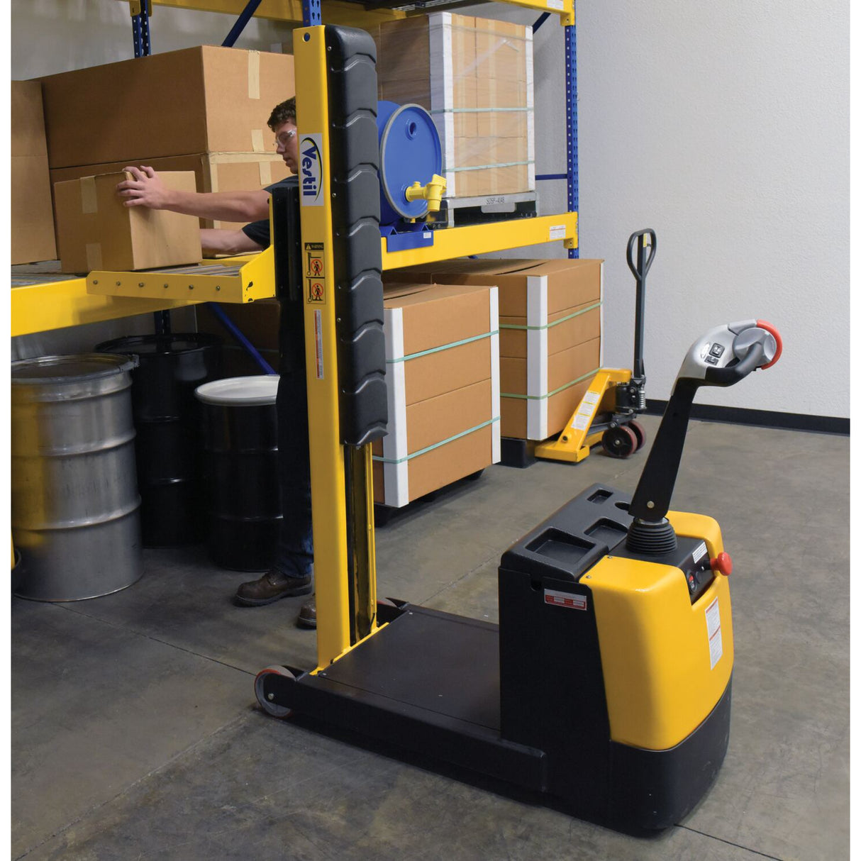 Vestil S-CB-NM-60 Counter-Balanced Narrow Mast Powered Stacker | 600 lb Capacity, 60" Lift, 17 Quick-Change Attachments Available