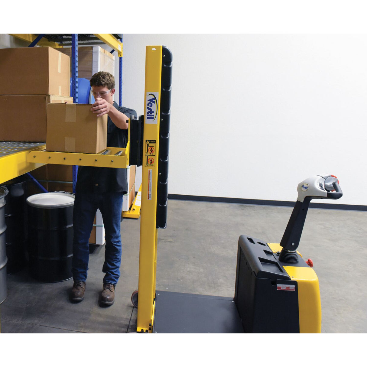 Vestil S-CB-NM-60 Counter-Balanced Narrow Mast Powered Stacker | 600 lb Capacity, 60" Lift, 17 Quick-Change Attachments Available
