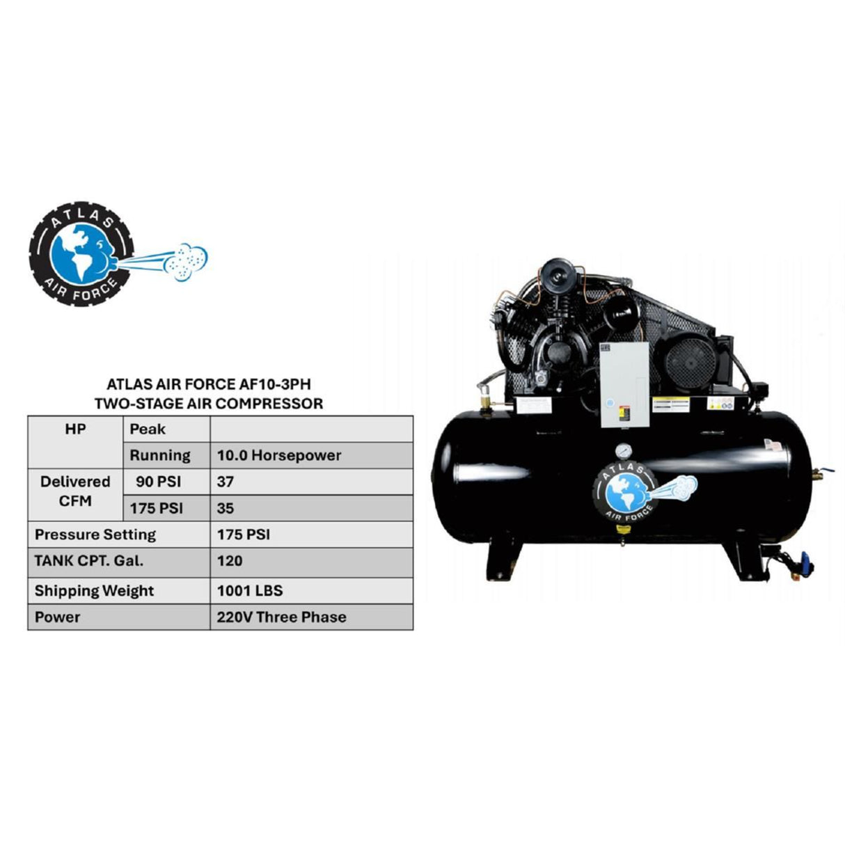 Atlas Air Force AF10-3PH 10HP 120-Gallon Air Compressor