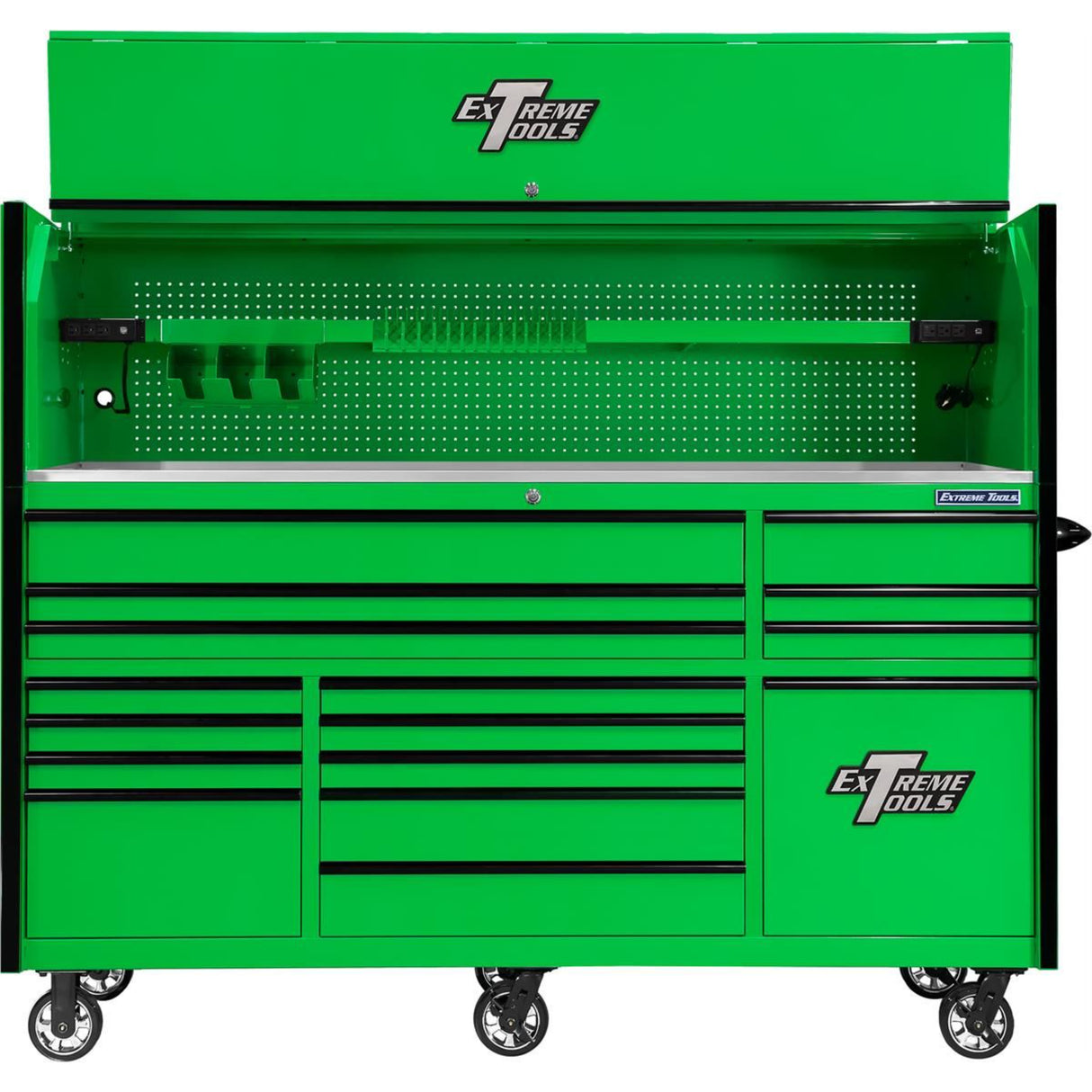 Extreme Tools RX Series 84in Power Workstation & 16-Drawer Roller Cabinet Combo — Green/Black