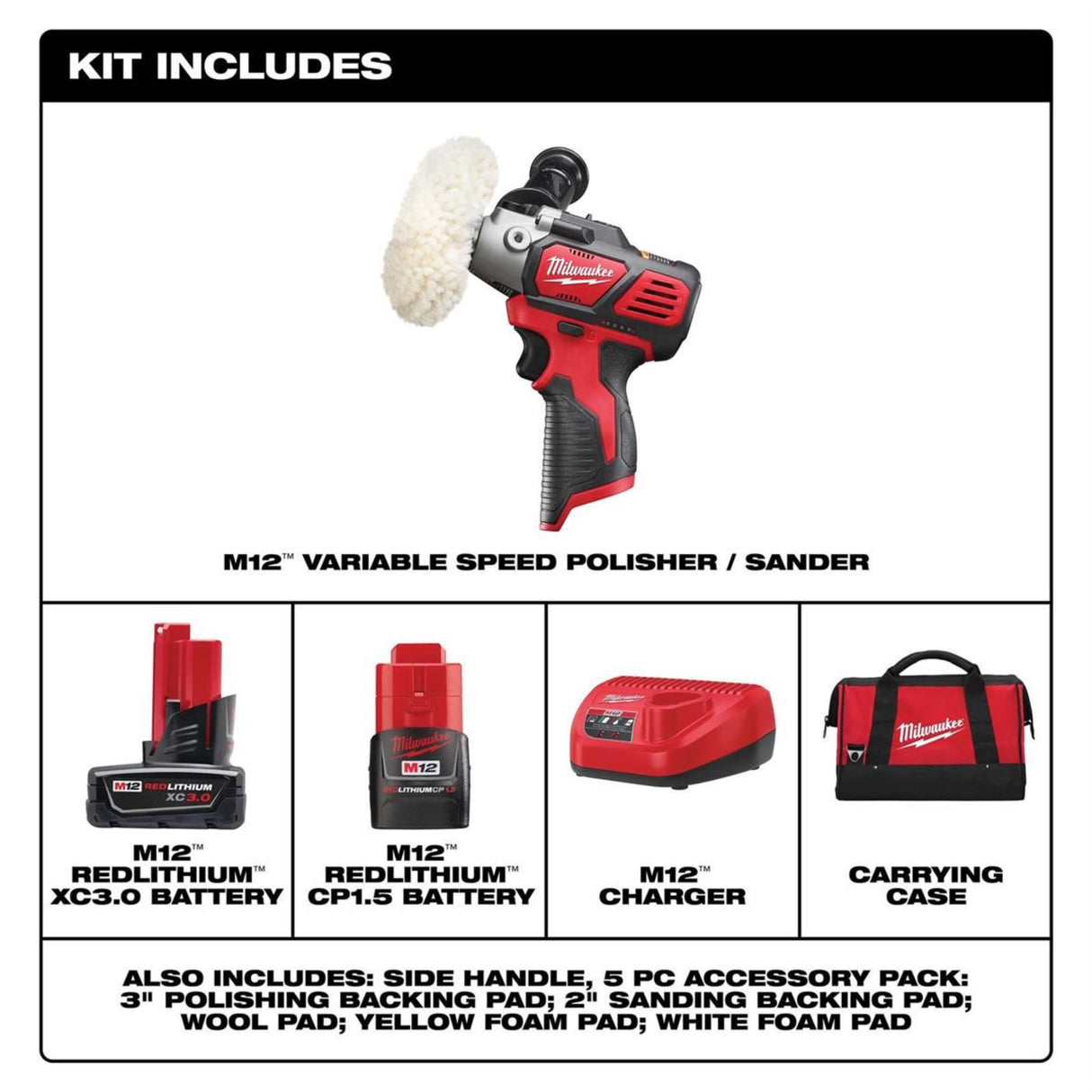 Milwaukee M12 12V Variable Speed Polisher/Sander XC/Compact Battery Kit