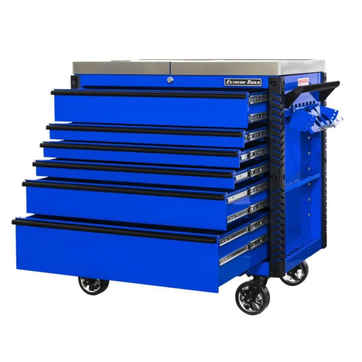 Extreme Tools 41in 6-Drawer Stainless Steel Sliding Top Deluxe Tool Cart, Blue/Black