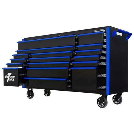 Extreme Tools EX Series 72in 17-Drawer Triple Bank Roller Cabinet, Black/Blue
