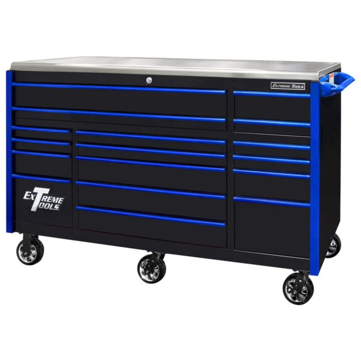 Extreme Tools EX Series 72in 17-Drawer Triple Bank Roller Cabinet, Black/Blue