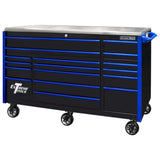 Extreme Tools EX Series 72in 17-Drawer Triple Bank Roller Cabinet, Black/Blue