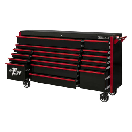 Extreme Tools EX Series 72in 17-Drawer Triple Bank Roller Cabinet, Black/Red