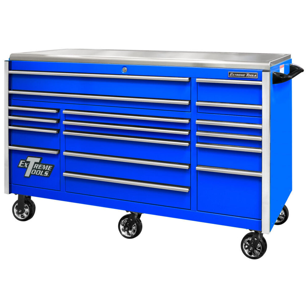 Extreme Tools EX Series 72in 17-Drawer Triple Bank Roller Cabinet, Blue/Chrome