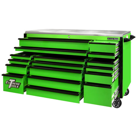 Extreme Tools EX Series 72in 17-Drawer Triple Bank Roller Cabinet, Green/Black