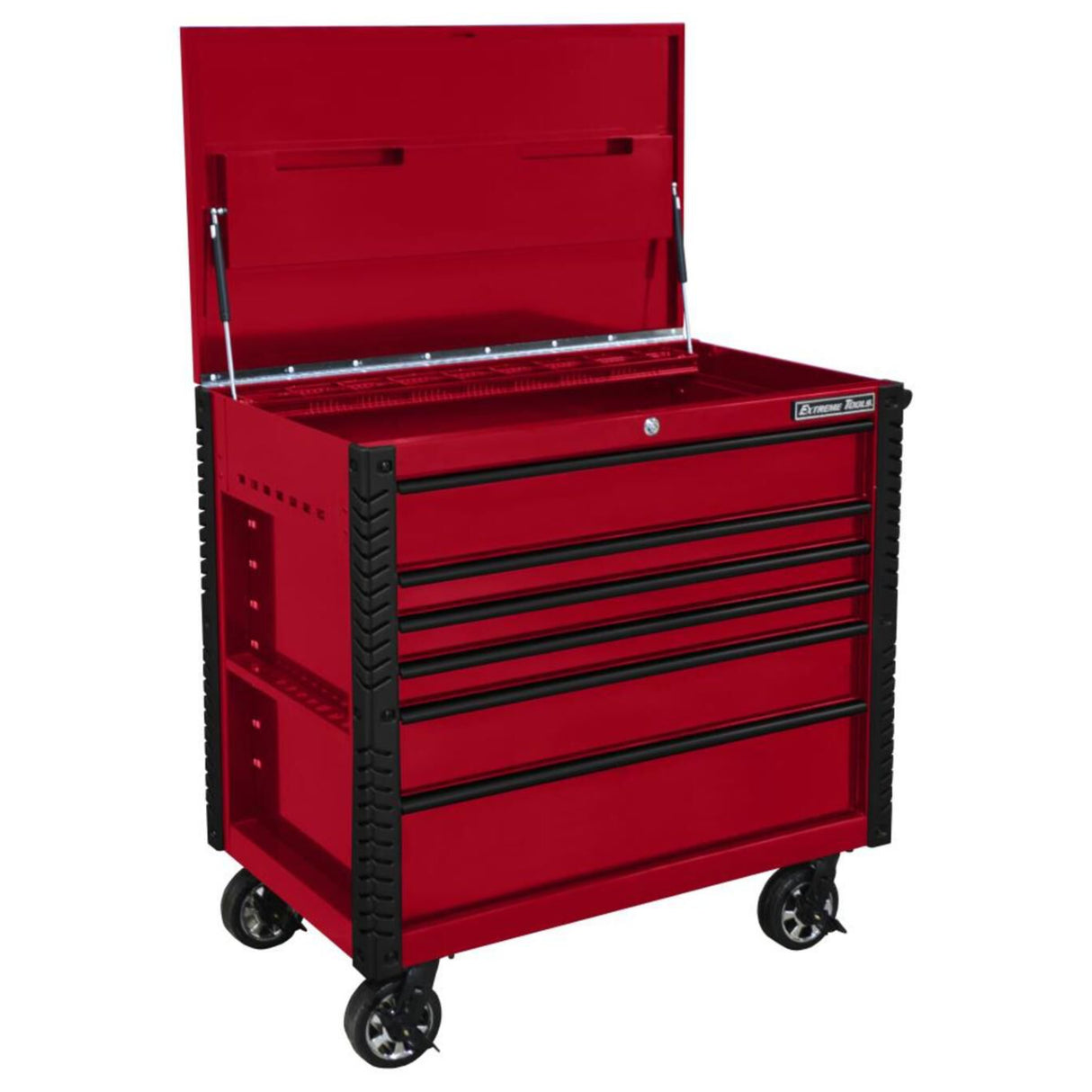 Extreme Tools 41in 6-Drawer Flip Top Deluxe Tool Cart with Bumpers, Red/Black