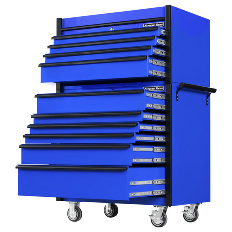 Extreme Tools DX Series 41in W x 25in D 4-Drawer Top Chest & 6-Drawer Roller Cabinet Combo, Blue/Black