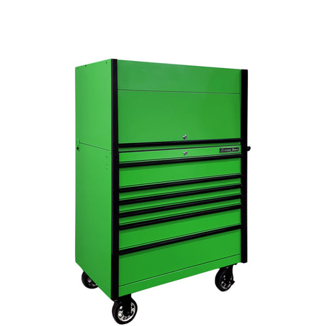 Extreme Tools DX Series 41in W x 25in D Power Workstation Hutch & 6-Drawer Roller Cabinet Combo, Green/Black
