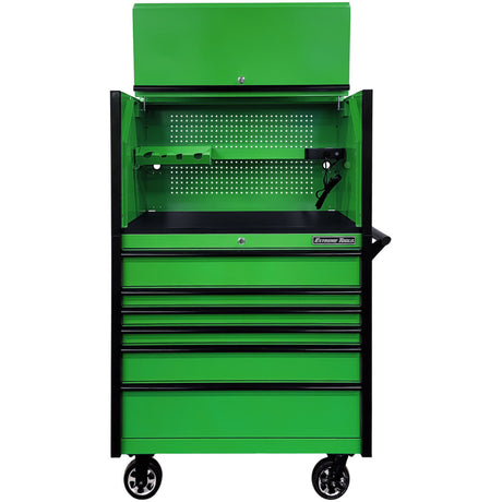 Extreme Tools DX Series 41in W x 25in D Power Workstation Hutch & 6-Drawer Roller Cabinet Combo, Green/Black