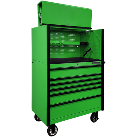 Extreme Tools DX Series 41in W x 25in D Power Workstation Hutch & 6-Drawer Roller Cabinet Combo, Green/Black