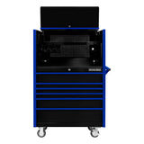 Extreme Tools DX Series 41in W x 25in D Power Workstation Hutch & 6-Drawer Roller Cabinet Combo, Black/Blue