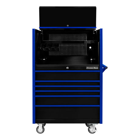 Extreme Tools DX Series 41in W x 25in D Power Workstation Hutch & 6-Drawer Roller Cabinet Combo, Black/Blue