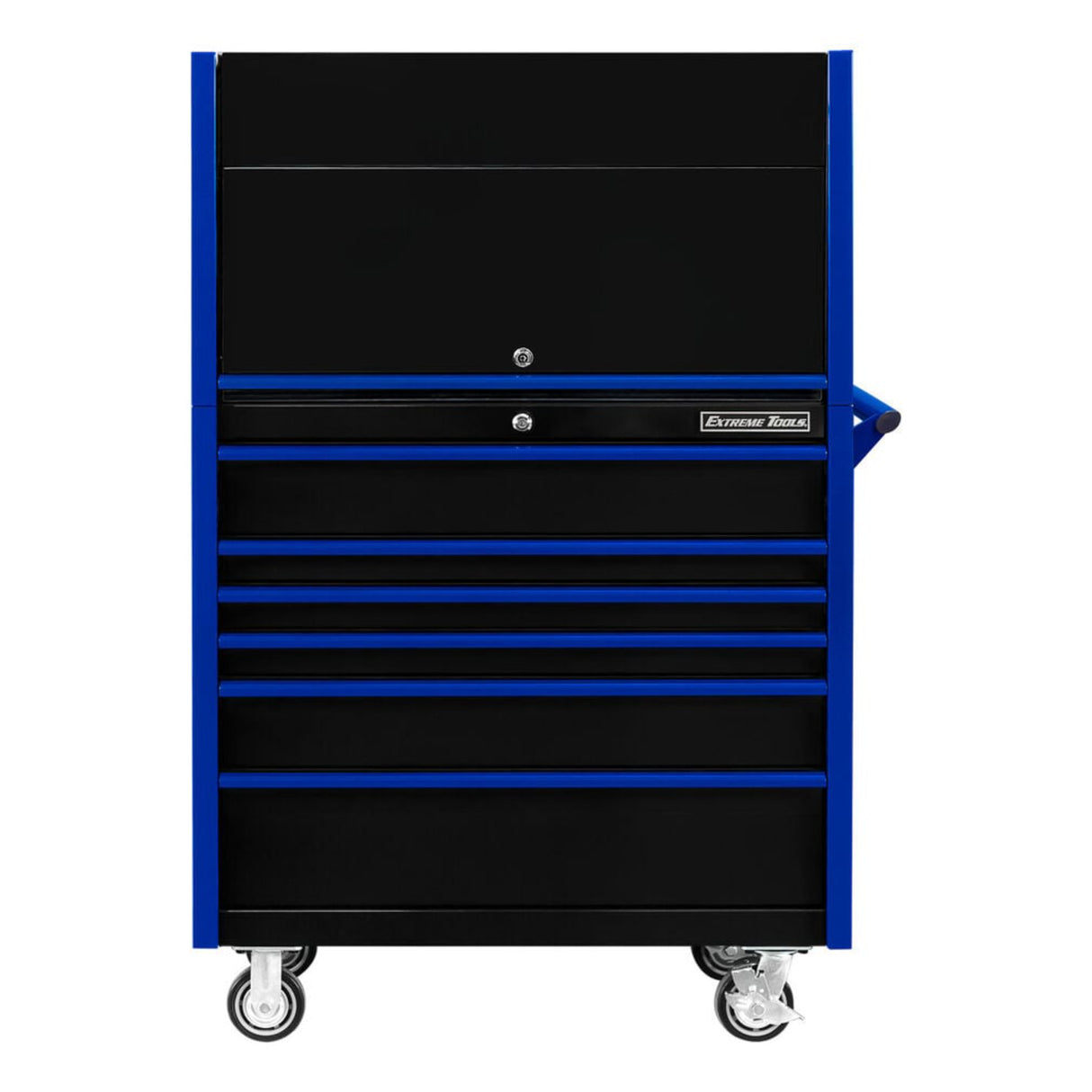 Extreme Tools DX Series 41in W x 25in D Power Workstation Hutch & 6-Drawer Roller Cabinet Combo, Black/Blue