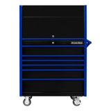 Extreme Tools DX Series 41in W x 25in D Power Workstation Hutch & 6-Drawer Roller Cabinet Combo, Black/Blue