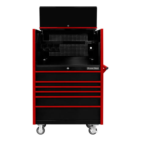 Extreme Tools DX Series 41in W x 25in D Power Workstation Hutch & 6-Drawer Roller Cabinet Combo, Black/Red