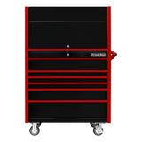 Extreme Tools DX Series 41in W x 25in D Power Workstation Hutch & 6-Drawer Roller Cabinet Combo, Black/Red