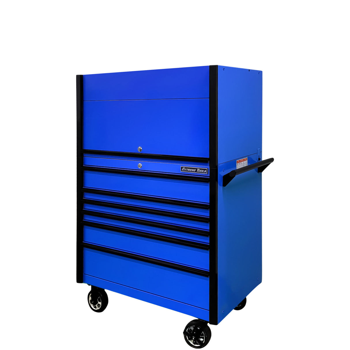 Extreme Tools DX Series 41in W x 25in D Power Workstation Hutch & 6-Drawer Roller Cabinet Combo, Blue/Black