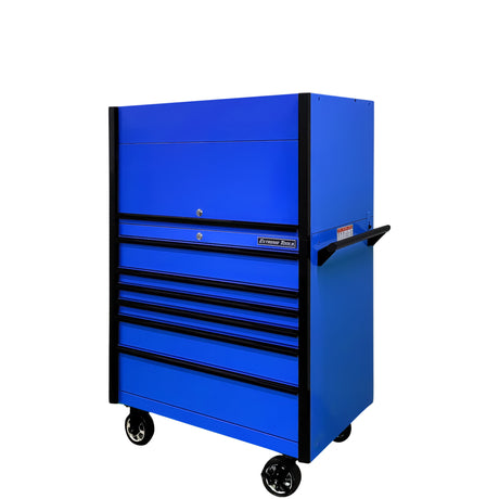 Extreme Tools DX Series 41in W x 25in D Power Workstation Hutch & 6-Drawer Roller Cabinet Combo, Blue/Black