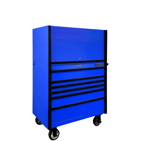 Extreme Tools DX Series 41in W x 25in D Power Workstation Hutch & 6-Drawer Roller Cabinet Combo, Blue/Black