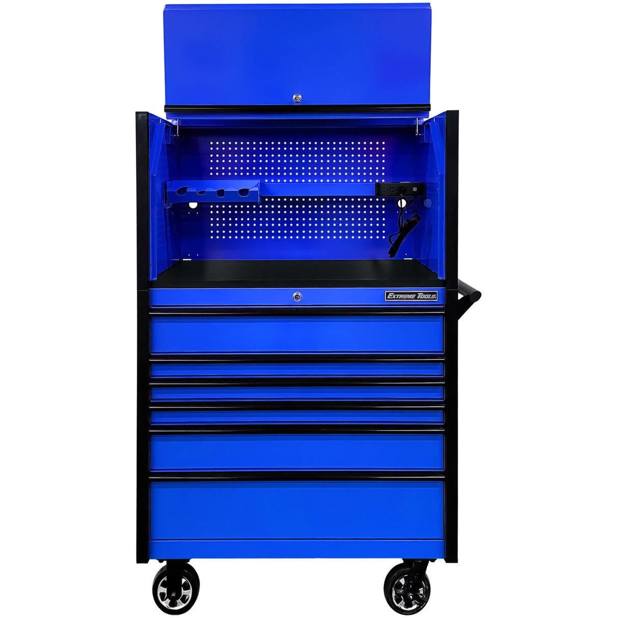 Extreme Tools DX Series 41in W x 25in D Power Workstation Hutch & 6-Drawer Roller Cabinet Combo, Blue/Black