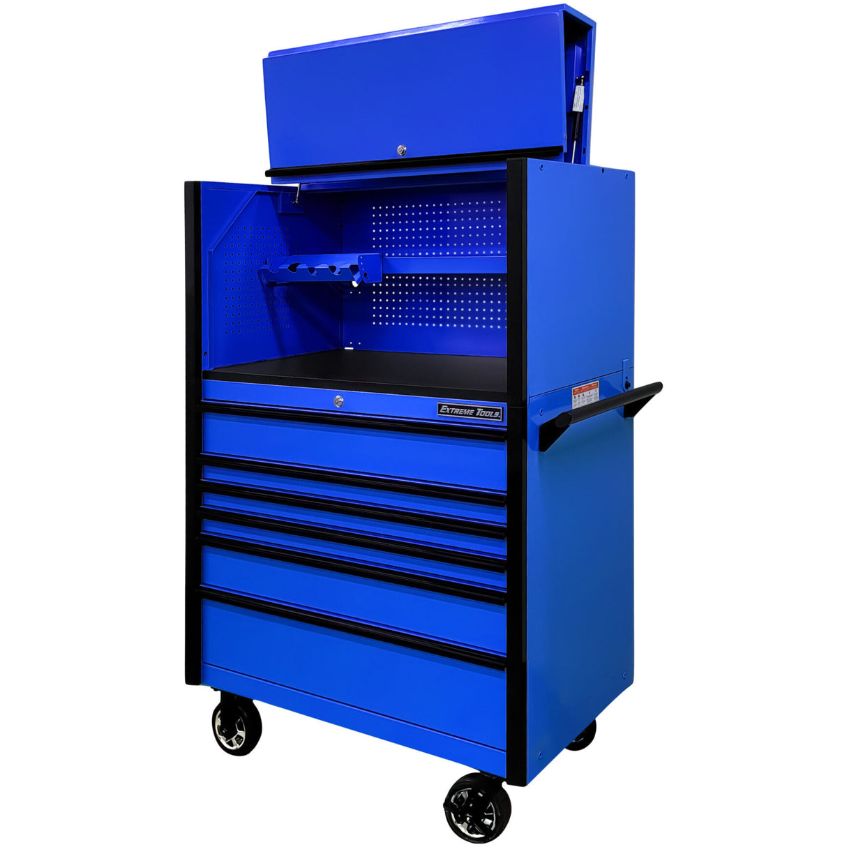Extreme Tools DX Series 41in W x 25in D Power Workstation Hutch & 6-Drawer Roller Cabinet Combo, Blue/Black