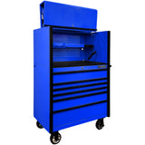 Extreme Tools DX Series 41in W x 25in D Power Workstation Hutch & 6-Drawer Roller Cabinet Combo, Blue/Black