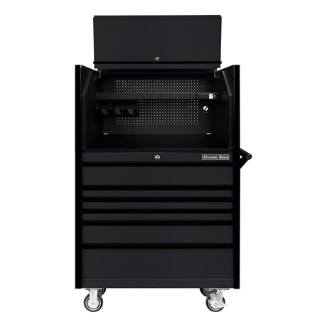 Extreme Tools DX Series 41in W x 25in D Power Workstation Hutch & 6-Drawer Roller Cabinet Combo, Matte Black