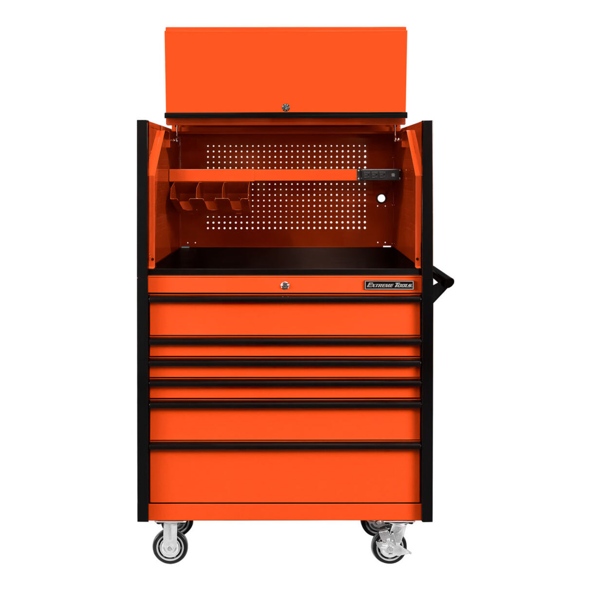 Extreme Tools DX Series 41in W x 25in D Power Workstation Hutch & 6-Drawer Roller Cabinet Combo, Orange/Black