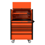 Extreme Tools DX Series 41in W x 25in D Power Workstation Hutch & 6-Drawer Roller Cabinet Combo, Orange/Black