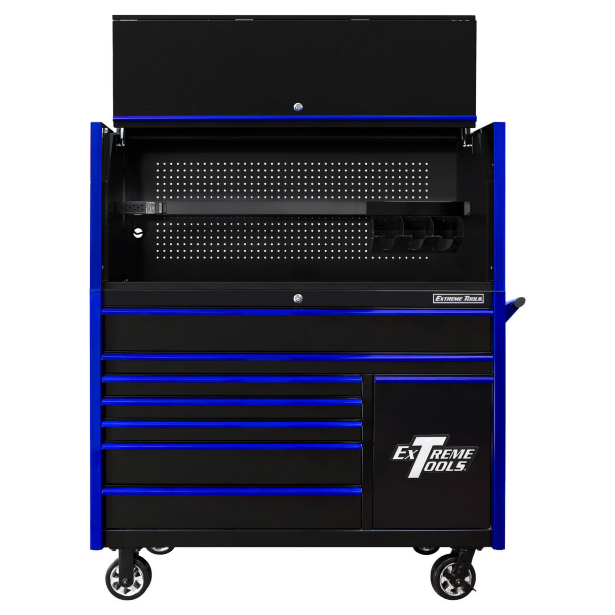 Extreme Tools DX Series 55in W x 25in D Power Workstation Hutch & 8-Drawer Roller Cabinet with Power Tool Drawer, Black/Blue