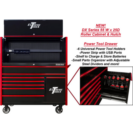 Extreme Tools DX Series 55in W x 25in D Power Workstation Hutch & 8-Drawer Roller Cabinet with Power Tool Drawer, Black/Red