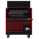 Extreme Tools DX Series 55in W x 25in D Power Workstation Hutch & 8-Drawer Roller Cabinet with Power Tool Drawer, Black/Red