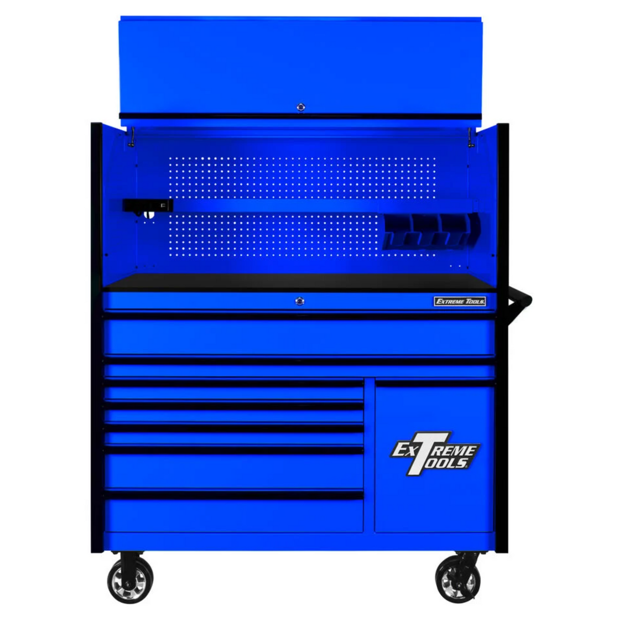 Extreme Tools DX Series 55in W x 25in D Power Workstation Hutch & 8-Drawer Roller Cabinet with Power Tool Drawer, Blue/Black