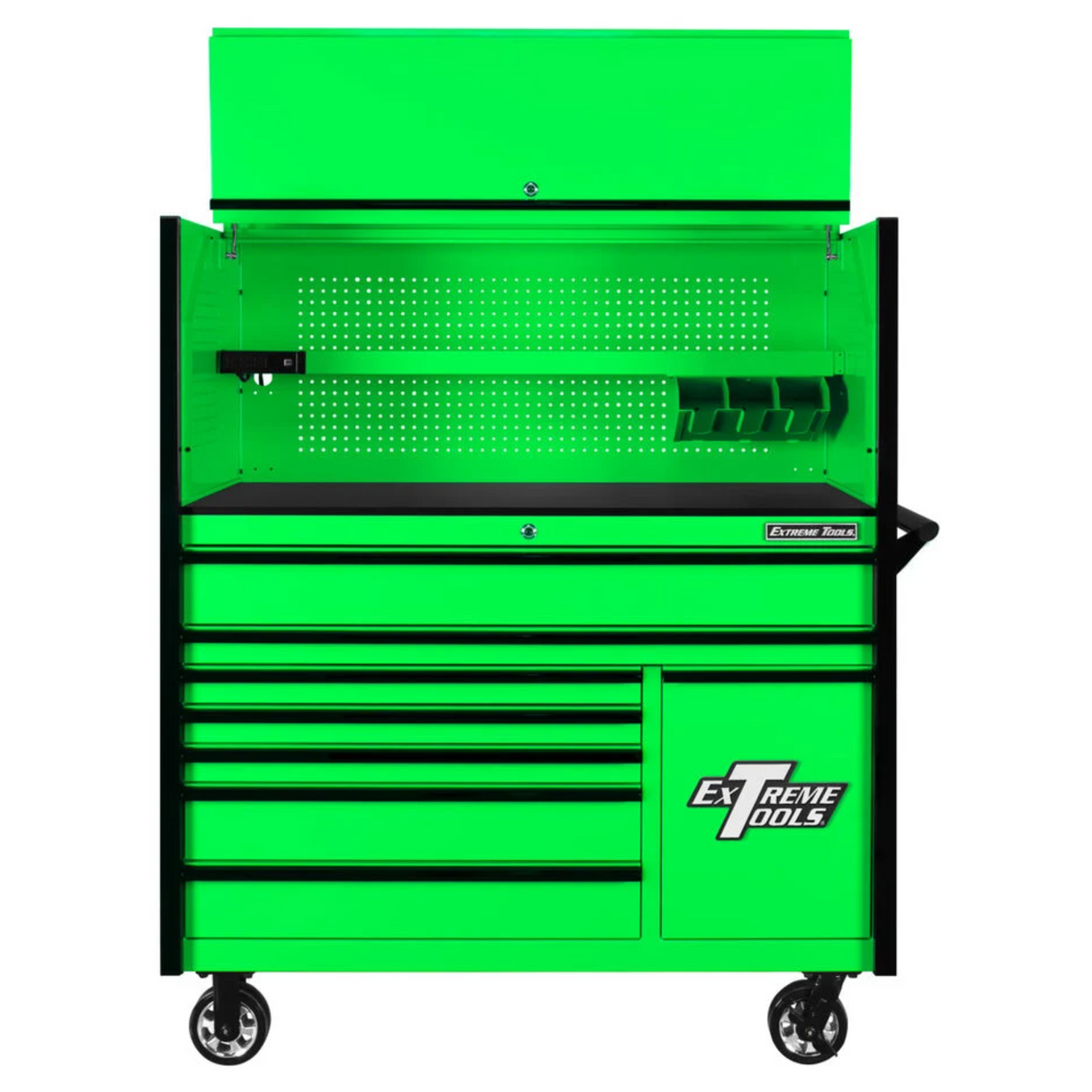 Extreme Tools DX Series 55in W x 25in D Power Workstation Hutch & 8-Drawer Roller Cabinet with Power Tool Drawer, Green/Black