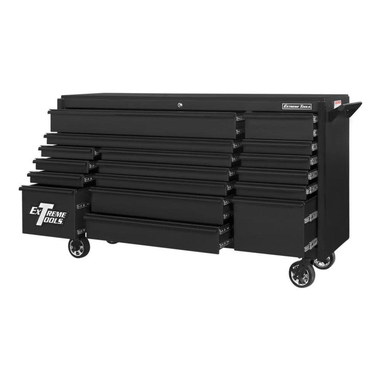 Extreme Tools DX Series 72in W x 21in D 17-Drawer Triple Bank Roller Cabinet, Matte Black/Gloss Black