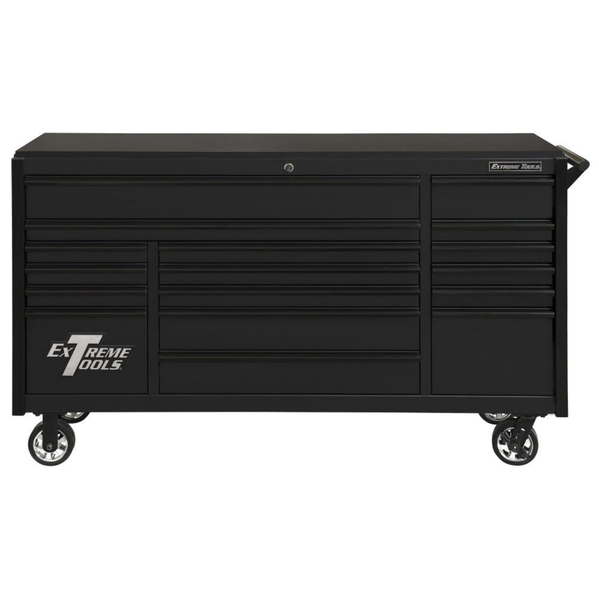 Extreme Tools DX Series 72in W x 21in D 17-Drawer Triple Bank Roller Cabinet, Matte Black/Gloss Black