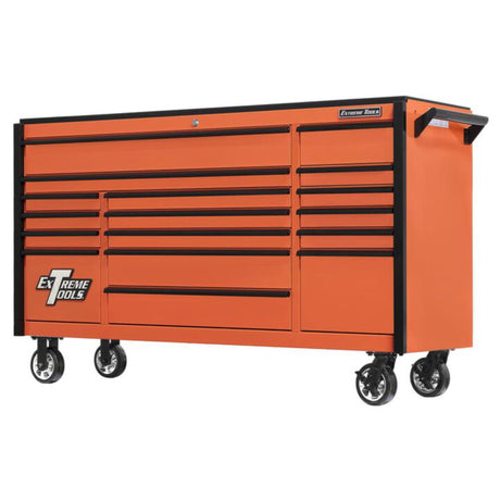 Extreme Tools DX Series 72in W x 21in D 17-Drawer Triple Bank Roller Cabinet, Orange/Black