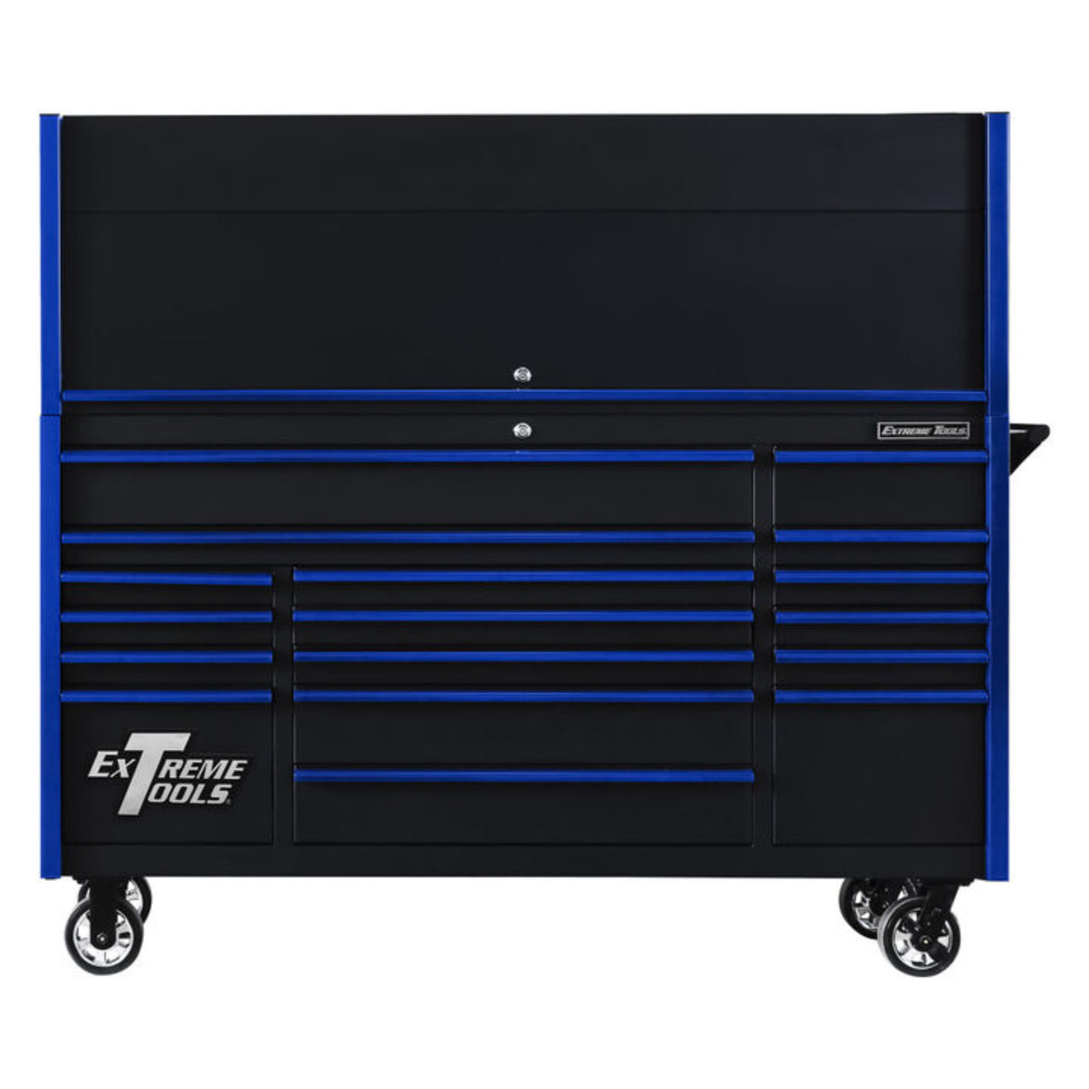 Extreme Tools DX Series 72in W x 21in D Power Workstation Hutch & 17-Drawer Roller Cabinet Combo, Black/Blue