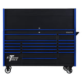 Extreme Tools DX Series 72in W x 21in D Power Workstation Hutch & 17-Drawer Roller Cabinet Combo, Black/Blue