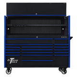 Extreme Tools DX Series 72in W x 21in D Power Workstation Hutch & 17-Drawer Roller Cabinet Combo, Black/Blue