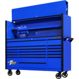 Extreme Tools DX Series 72in W x 21in D Power Workstation Hutch & 17-Drawer Roller Cabinet Combo, Blue/Black
