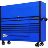 Extreme Tools DX Series 72in W x 21in D Power Workstation Hutch & 17-Drawer Roller Cabinet Combo, Blue/Black
