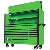 Extreme Tools DX Series 72in W x 21in D Power Workstation Hutch & 17-Drawer Roller Cabinet Combo, Green/Black